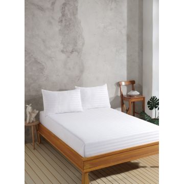 Set de pat pentru o persoana (cearceaf cu elastic si perna) 2 piese, Water Yollu Saten - White, EnLora Home, 70% bumbac/30% poliester
