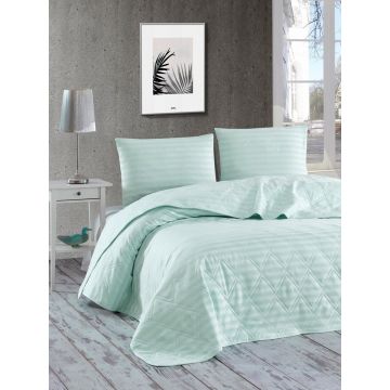 Cuvertura matlasata dubla, Water Yollu Saten - Mint, EnLora Home, 70% bumbac / 30% poliester