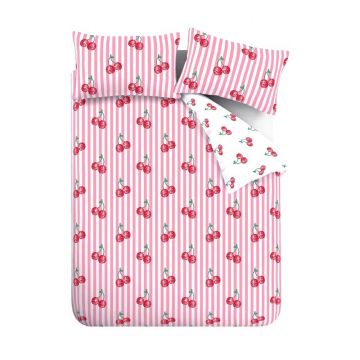 Lenjerie de pat albă/roz pentru pat dublu 200x200 cm Disco Cherries Stripes – Catherine Lansfield