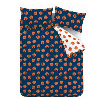Lenjerie de pat albastră/portocalie pentru pat dublu/extinsă 230x220 cm Halloween Pumpkins – Catherine Lansfield