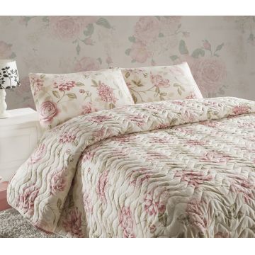Set cuvertura matlasata Single 160x220 cm, 2 piese, Care - Pink, EnLora Home, 70% bumbac / 30% poliester